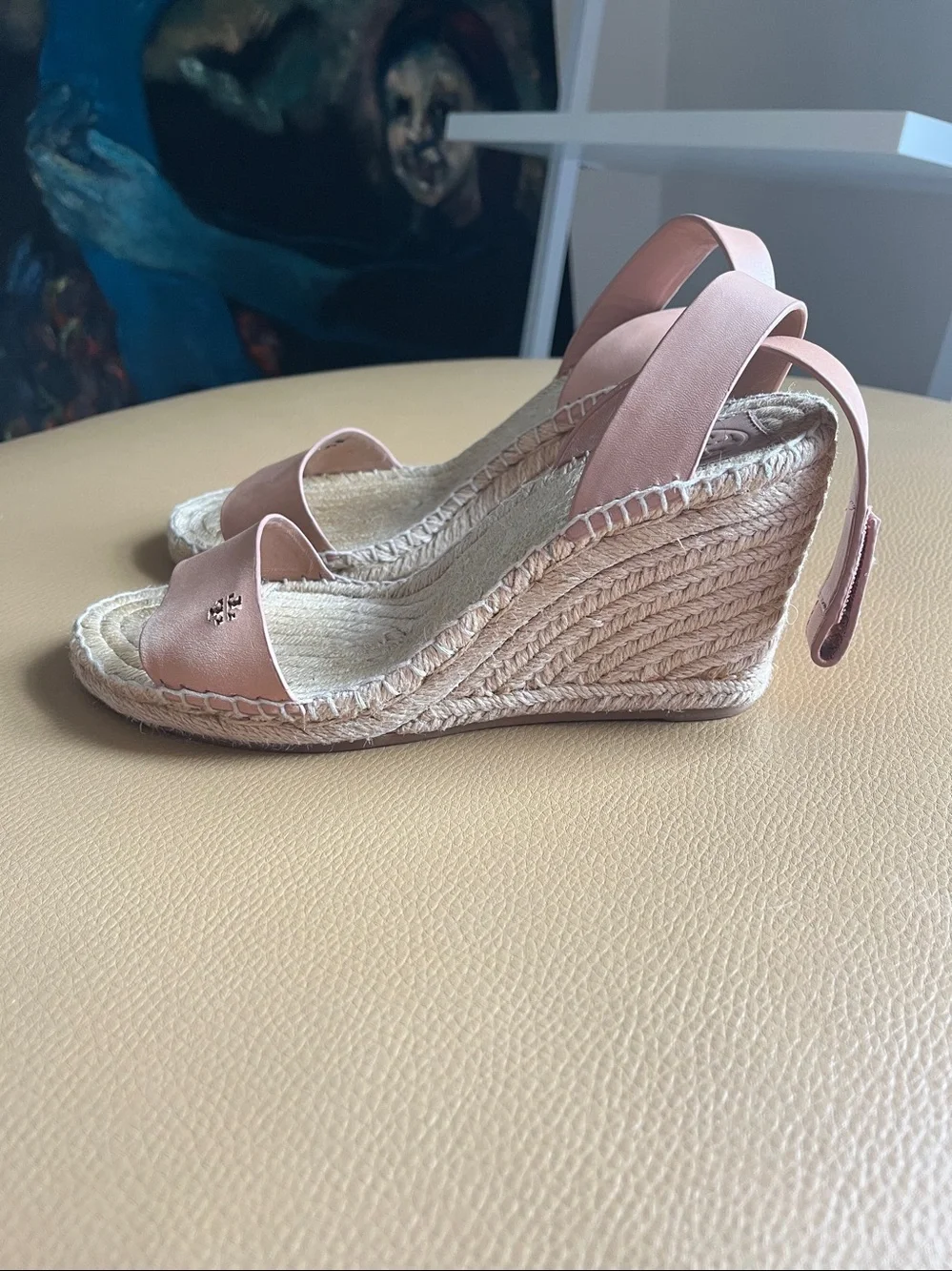 Tory Burch Tan Leather Bima 2 Espadrille Wedge Ankle Strap Sandals SZ 8 EUC